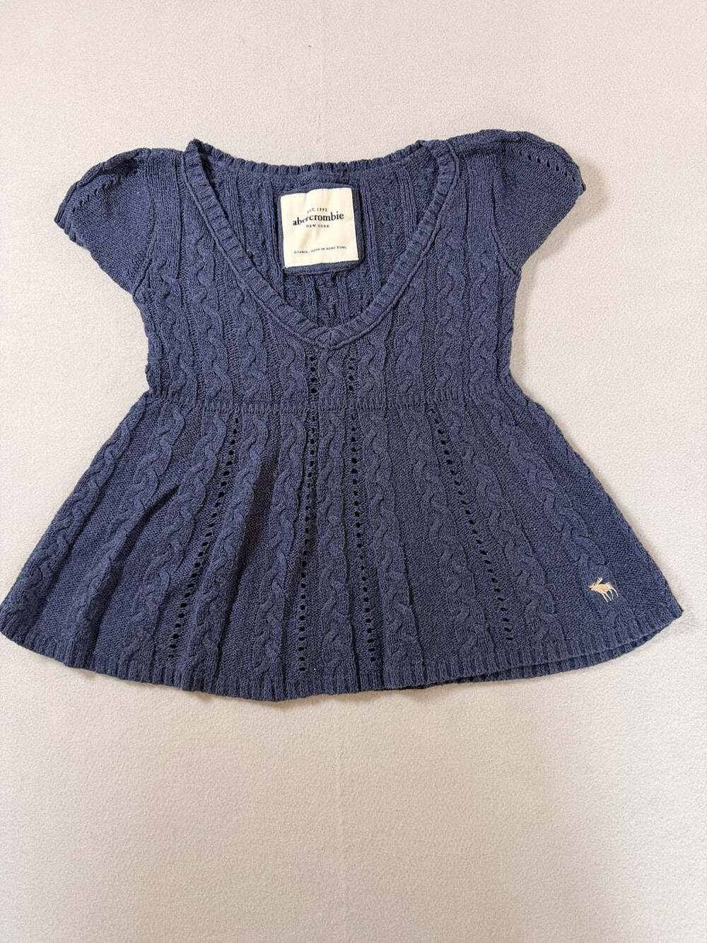 Vintage Abercrombie & Fitch Navy Blue Cable Knit Cap Sleeve Babydoll Sweater